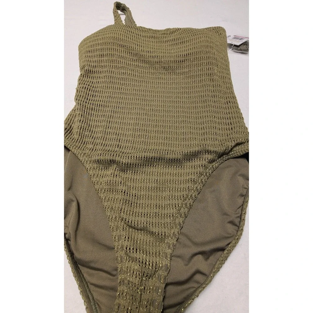 Michael Kors‎ One Shoulder Swimsuit Safari Green Metallic Textured Size 10